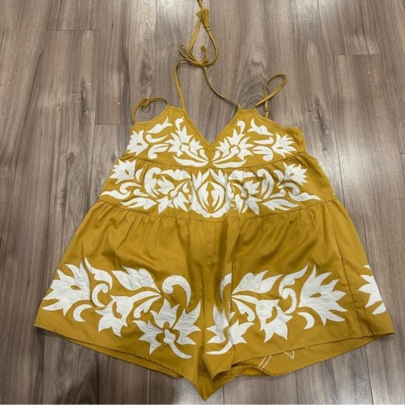 Free People Pants - Free People Floral Embroidered Yellow Romper Halter